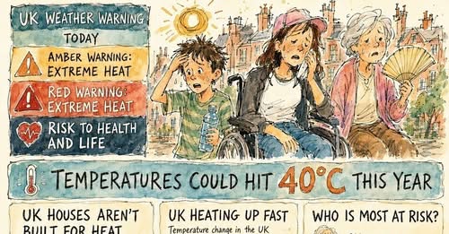 Hand-painted heat warning infographic showing a child, a wheelchair user and an older person during extreme heat.